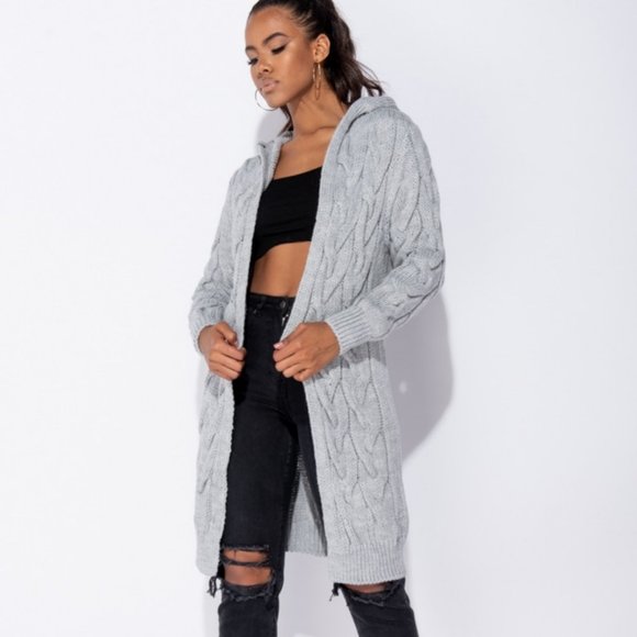 Chunky Cable Knit Long Sleeve Hooded Midi Cardigan - Picture 8 of 11